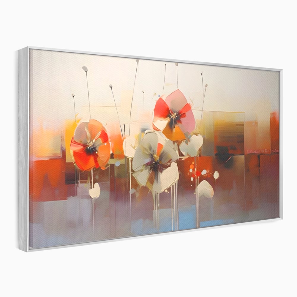 Tablou canvas cu tablou canvas cu pictura florala abstracta, in rama de aluminiu argintiu